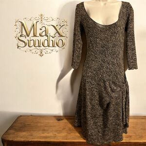Max Studio Scoop Neck Black Beige Strecthy Body con Thin Knit Faux Wrap Dress
